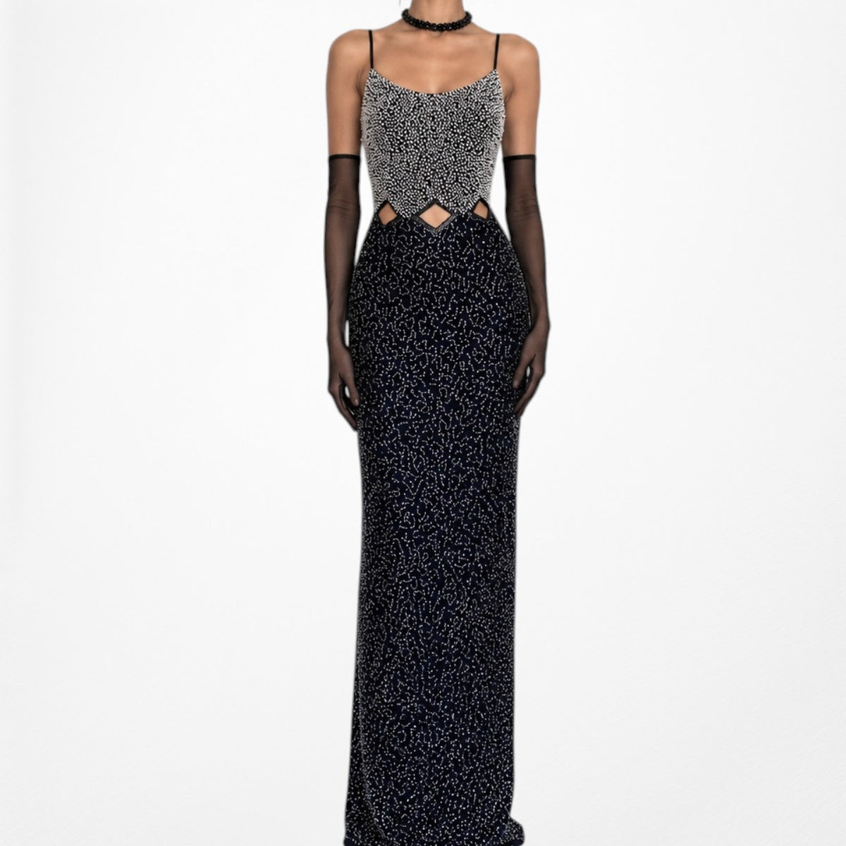 Vintage Blue Silver Cutout Beaded Maxi Bodycon Cocktail Formal Prom Dress M/L