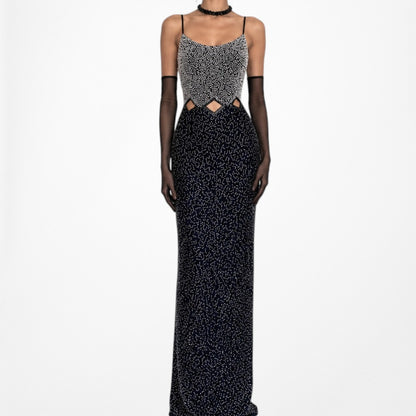Vintage Blue Silver Cutout Beaded Maxi Bodycon Cocktail Formal Prom Dress M/L