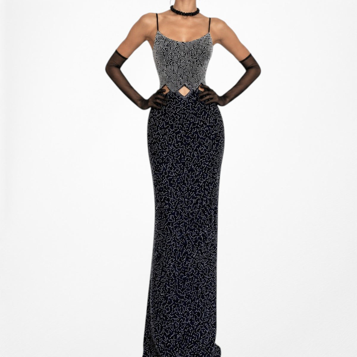Vintage Blue Silver Cutout Beaded Maxi Bodycon Cocktail Formal Prom Dress M/L