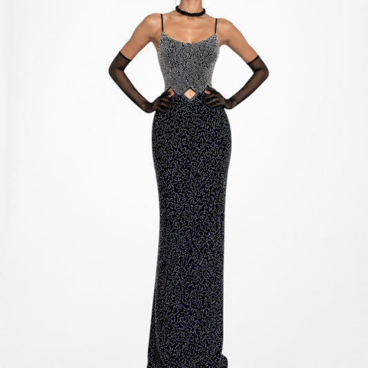 Vintage Blue Silver Cutout Beaded Maxi Bodycon Cocktail Formal Prom Dress M/L