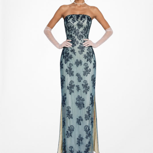 Vintage Blue Floral Beaded Silk Side Slit Bodycon Maxi Dress Size S/M