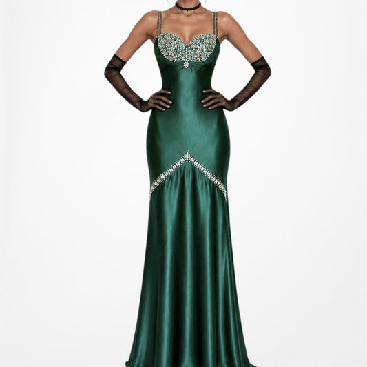 Vintage Y2K Green Satin Beaded Bodycon Maxi Formal Cocktail Prom Dress Size M