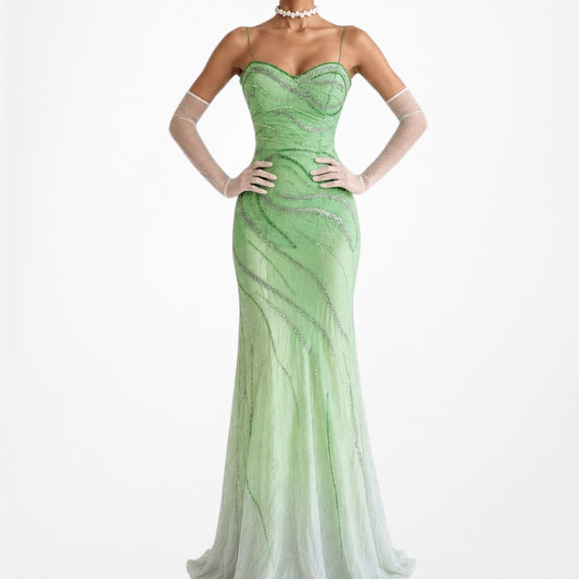 Vintage Green Ombre Fit Flared Beaded Formal Prom Dress Size S