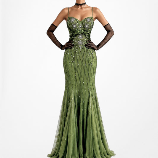 Vintage Green Flared Floral Beaded Mesh Bodycon Maxi Prom Dress Size S