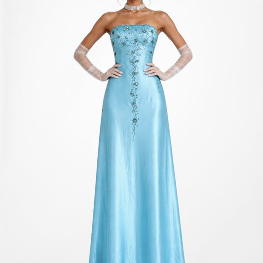 Vintage Y2K Pastel Blue Strapless Floral Beaded Satin Maxi Prom Dress Size S
