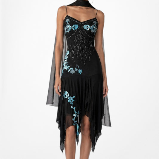 Vintage Black Blue Floral Beaded Silk Asymmetric Ruffle Midi Cocktail Prom Dress Size S