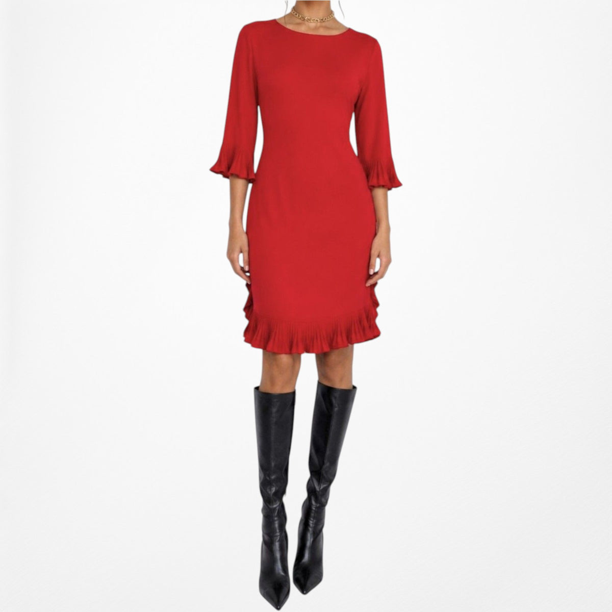 Vintage Y2K Red Knee Length Ruffle Detail Shift Cocktail Dress Size M