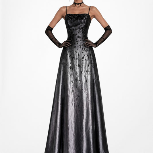 Vintage Y2K Black Purple Beaded Satin Ombre Mesh Fit Flared Maxi Prom Dress S/M