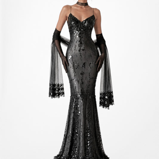 Vintage Gray Black Silk Sequin Beaded Mesh Bodycon Maxi Formal Prom Dress Size S