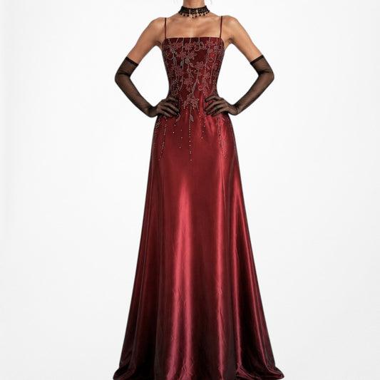 Vintage Burgundy Red Floral Beaded Glitter Ombre Flared Maxi Prom Dress Size M