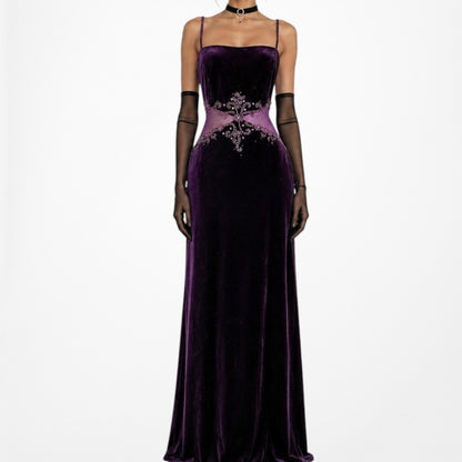 Vintage Purple Velvet Cutout Mesh Beaded Maxi Bodycon Prom Dress Size L