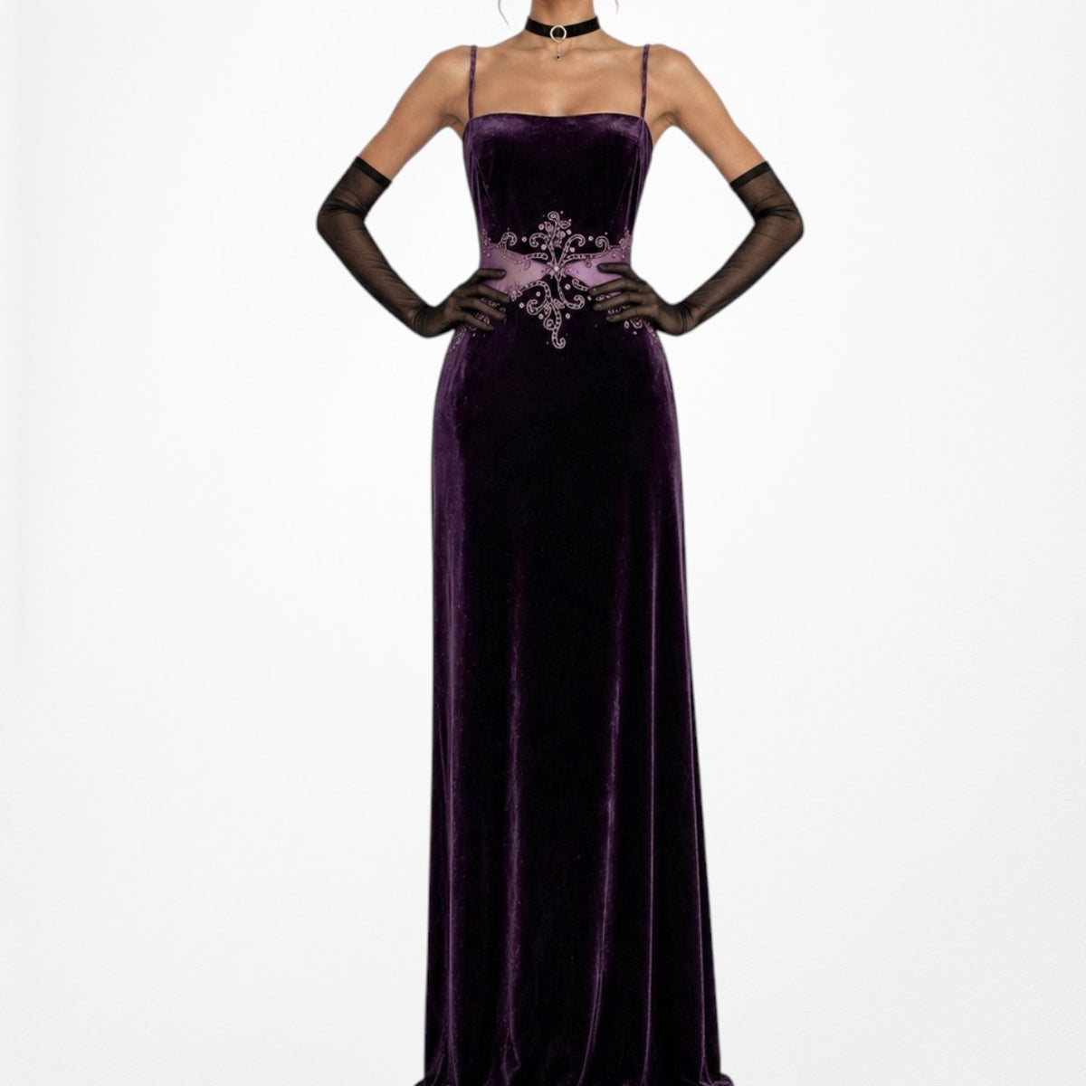 Vintage Purple Velvet Cutout Mesh Beaded Maxi Bodycon Prom Dress Size L