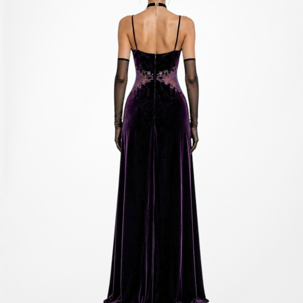 Vintage Purple Velvet Cutout Mesh Beaded Maxi Bodycon Prom Dress Size L