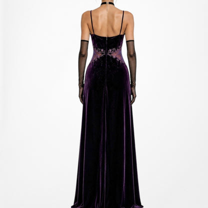 Vintage Purple Velvet Cutout Mesh Beaded Maxi Bodycon Prom Dress Size L