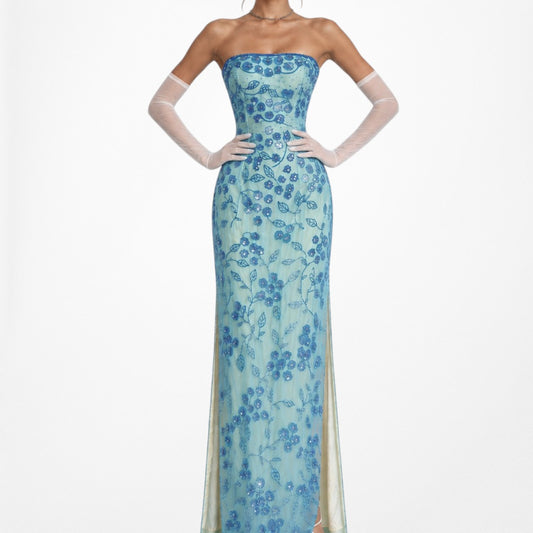 Vintage Blue Strapless Floral Beaded Silk Side Slit Maxi Bodycon Formal Cocktail Dress Size L