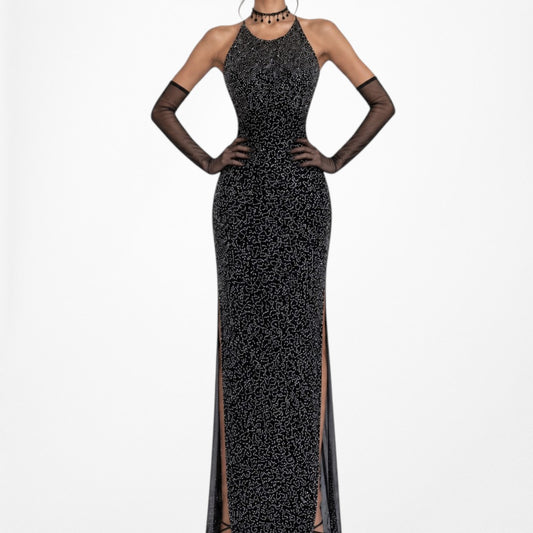 Vintage Black Gray Sleeveless Beaded Bodycon Maxi Side Slit Formal Prom Dress Size XS