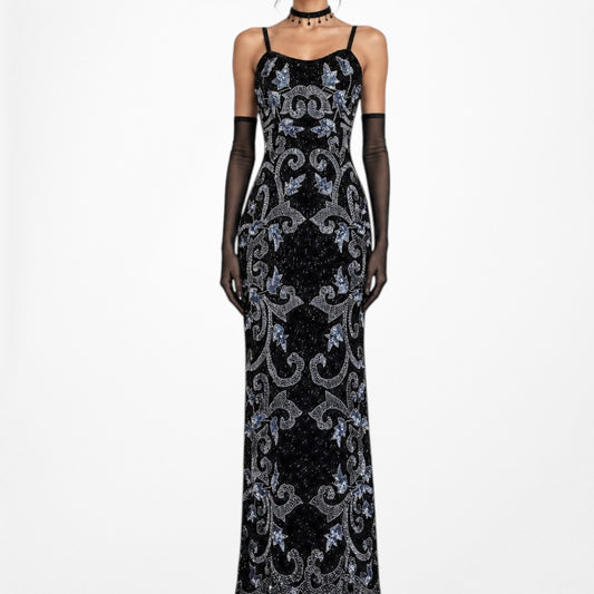 Vintage Black Blue Floral Beaded Silk Bodycon Maxi Prom Dress Size M