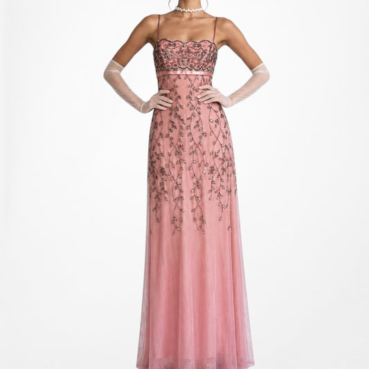 Vintage Pink Knit Bodycon Floral Beaded Mesh Maxi Prom Dress Size M/L