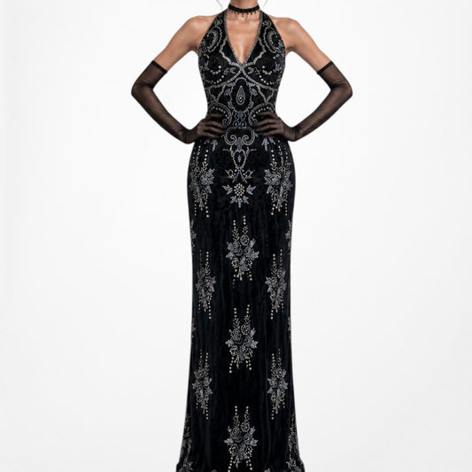 Vintage Y2K Black Navy Silk Beaded Halter Bodycon Maxi Prom Dress Size M