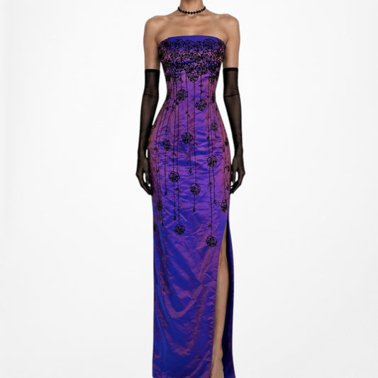 Vintage Purple Blue Strapless Floral Velvet Satin Metallic Side Slit Prom Dress Size S
