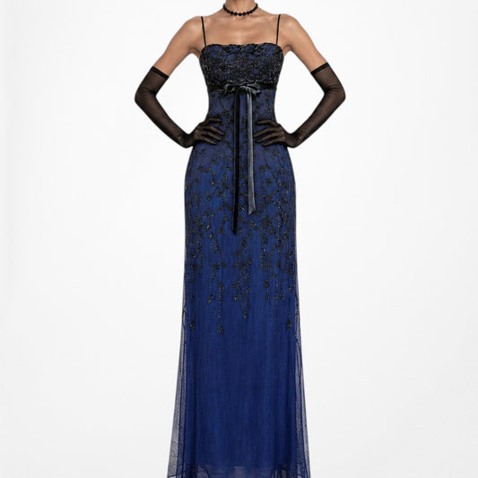 Vintage Navy Blue Floral Beaded Knit Babydoll Maxi Bodycon Prom Dress Size S