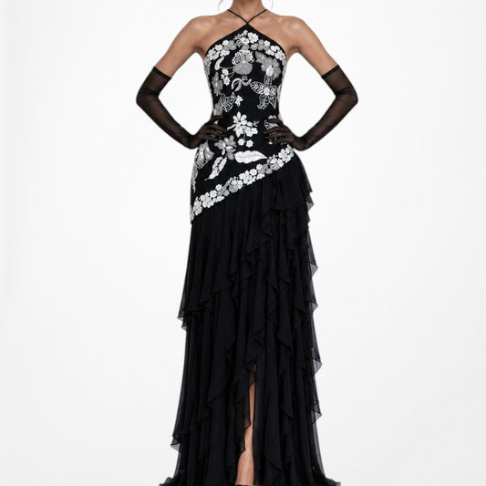 Vintage Black White Silk Floral Beaded Ruffle Formal Prom Dress Size S