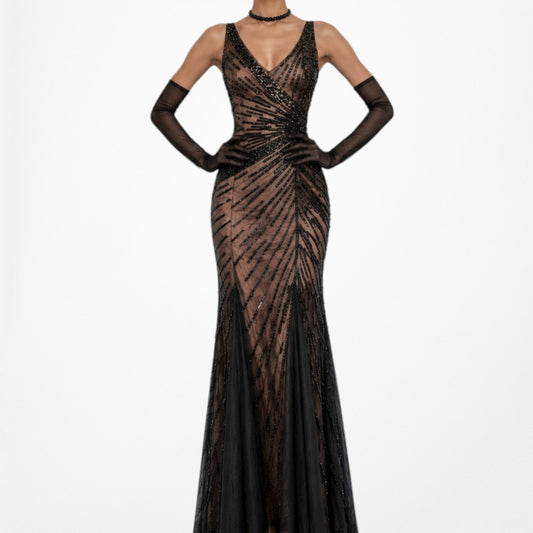 Vintage Y2K Brown Black Beaded Bodycon Fishtail Mesh Maxi Prom Dress Size XS/S