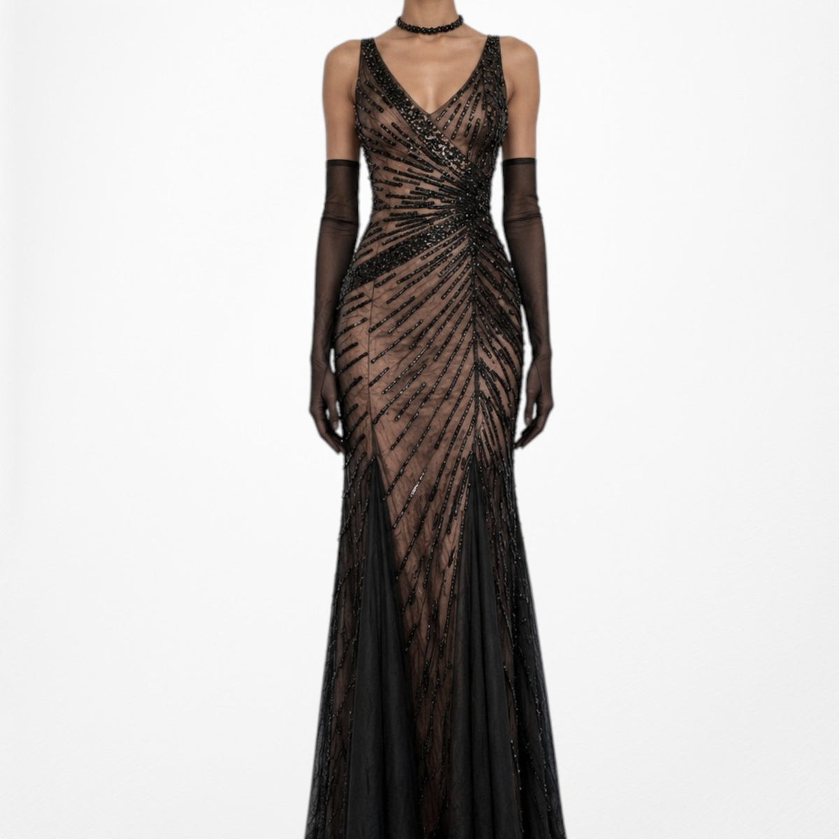 Vintage Y2K Brown Black Beaded Bodycon Fishtail Mesh Maxi Prom Dress Size XS/S