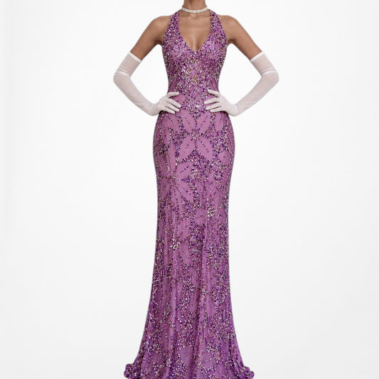 Vintage Purple Floral Sequin Silk Maxi Bodycon Formal Prom Dress Size S/M