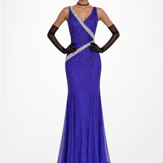 Vintage Y2K Purple Blue V-Neck Beaded Bodycon Maxi Prom Dress Size S