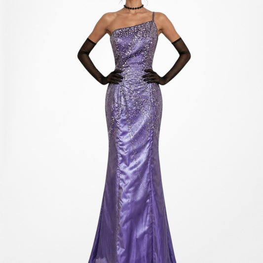 Vintage Y2K 90s Purple Satin One Shoulder Beaded Mermaid Maxi Prom Dress Size S