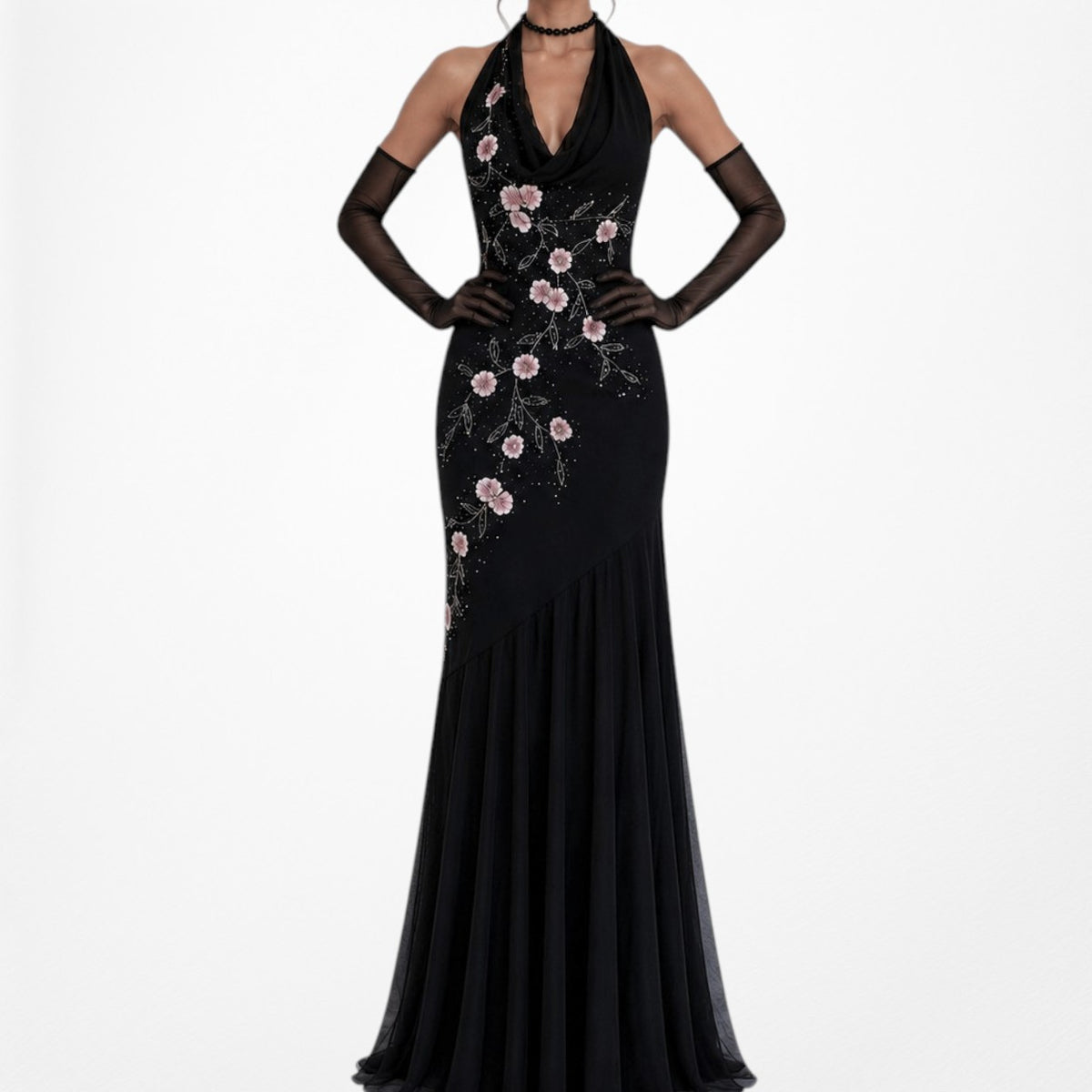 Black Pink Floral Beaded Silk Mesh Fit Flared Slip On Cocktail Formal Dress Size M/L