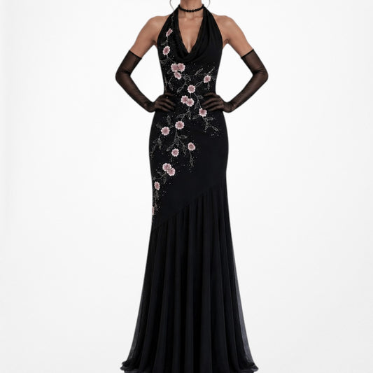 Black Pink Floral Beaded Silk Mesh Fit Flared Slip On Cocktail Formal Dress Size M/L