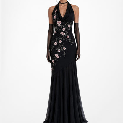 Black Pink Floral Beaded Silk Mesh Fit Flared Slip On Cocktail Formal Dress Size M/L