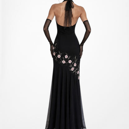 Black Pink Floral Beaded Silk Mesh Fit Flared Slip On Cocktail Formal Dress Size M/L