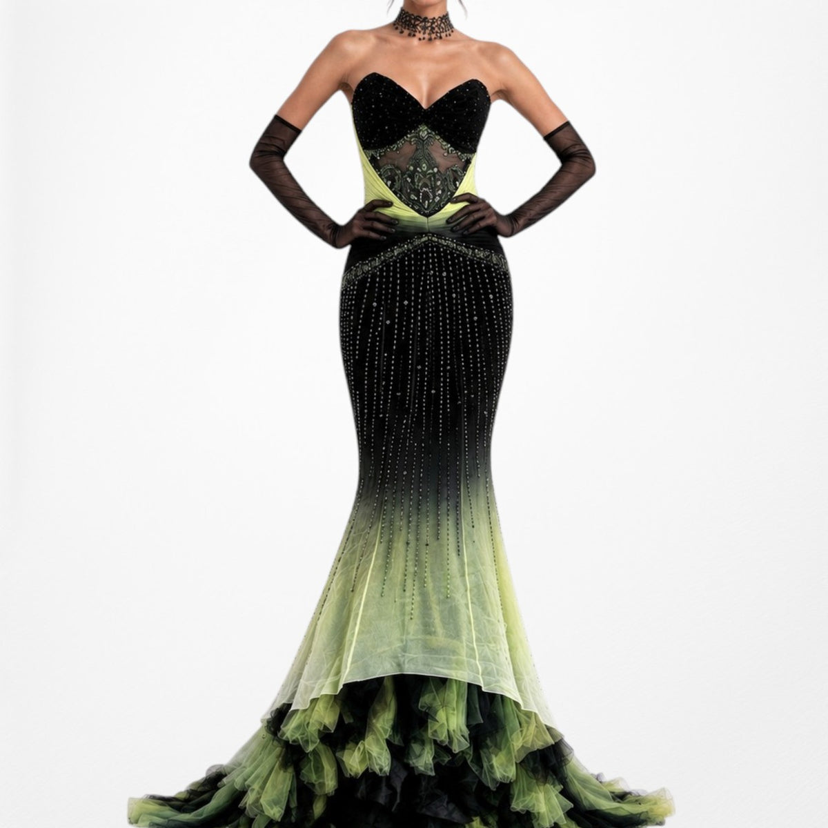 Vintage Black Green Strapless Silk Beaded Tulle Bodycon Maxi Prom Dress Size XS