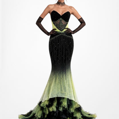Vintage Black Green Strapless Silk Beaded Tulle Bodycon Maxi Prom Dress Size XS