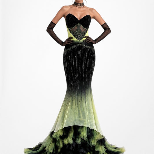 Vintage Black Green Strapless Silk Beaded Tulle Bodycon Maxi Prom Dress Size XS