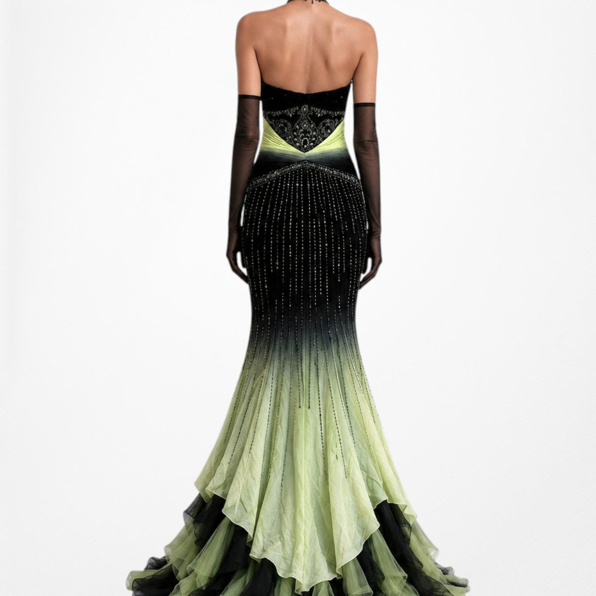 Vintage Black Green Strapless Silk Beaded Tulle Bodycon Maxi Prom Dress Size XS