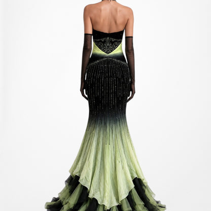 Vintage Black Green Strapless Silk Beaded Tulle Bodycon Maxi Prom Dress Size XS