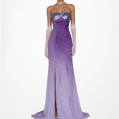 Vintage Purple Gradient Ombre Beaded Strapless Side Slit Maxi Prom Dress Size XS