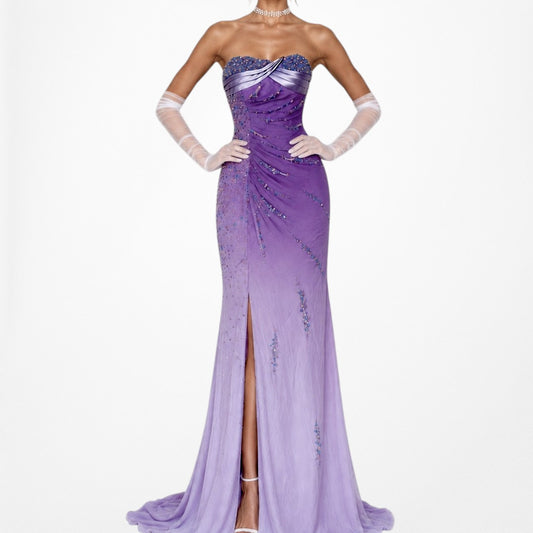 Vintage Purple Gradient Ombre Beaded Strapless Side Slit Maxi Prom Dress Size XS