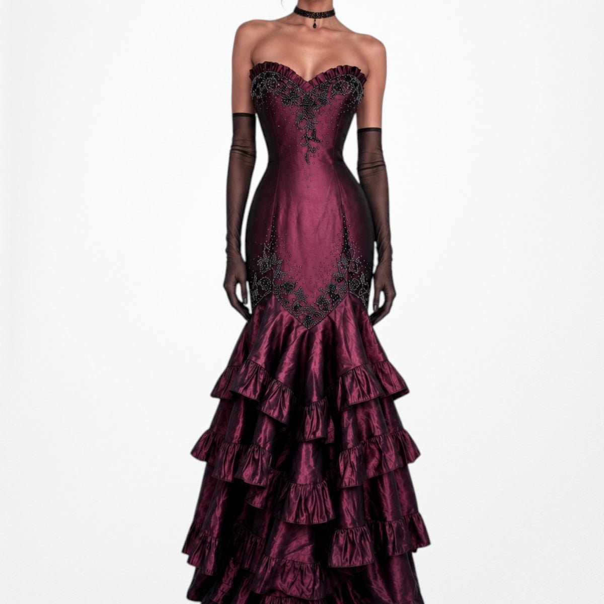 Vintage Burgundy Red Strapless Beaded Satin Ruffle Flared Maxi Prom Dress Size M