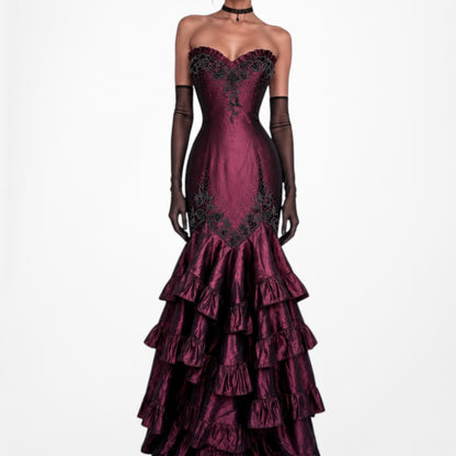 Vintage Burgundy Red Strapless Beaded Satin Ruffle Flared Maxi Prom Dress Size M