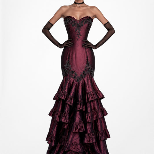 Vintage Burgundy Red Strapless Beaded Satin Ruffle Flared Maxi Prom Dress Size M
