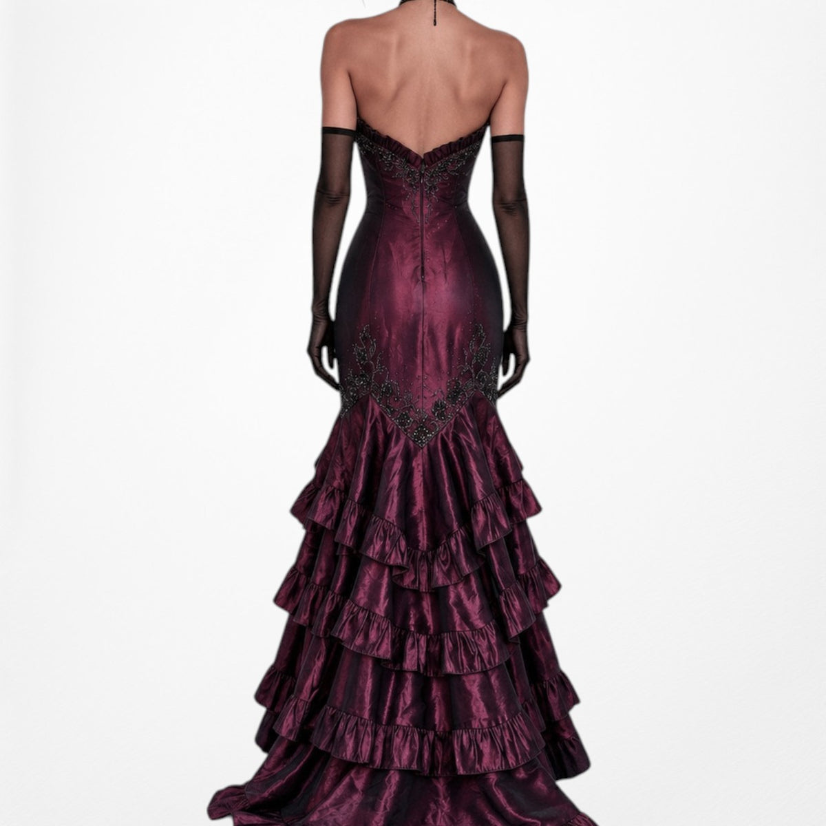 Vintage Burgundy Red Strapless Beaded Satin Ruffle Flared Maxi Prom Dress Size M