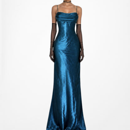 Vintage Blue Satin Babydoll Fit Flared Maxi Cocktail Prom Dress Size M