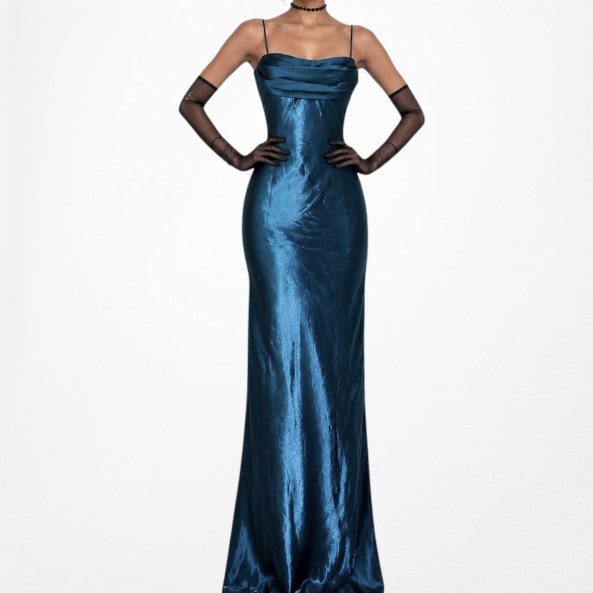Vintage Blue Satin Babydoll Fit Flared Maxi Cocktail Prom Dress Size M
