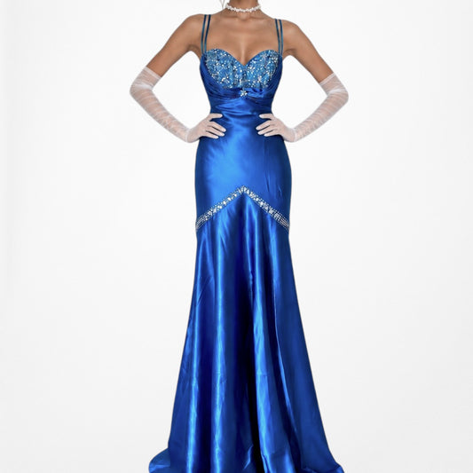 Vintage Blue Satin Fit Flared Beaded Maxi Prom Dress Size S/M