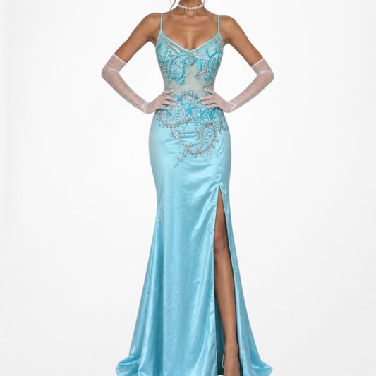 Vintage Blue Mesh Beaded Satin Maxi Side Slit Bodycon Maxi Formal Cocktail Prom Dress Size S